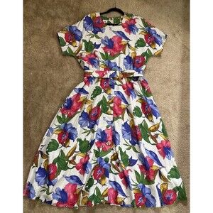 Talbots VTG 90s Linen Blend Floral Button Skirt Midi Dress Women’s 16 Fit Flare